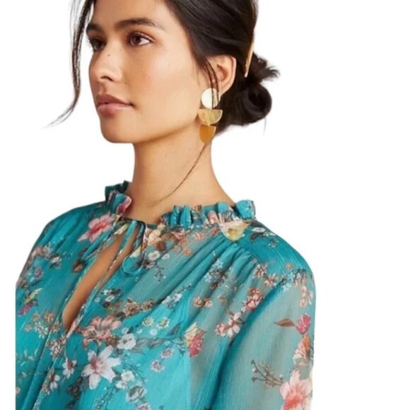 Anthropologie Maeve Emmy Teal Green Floral Tunic Dress S Sheer Chiffon Slip $158 - Picture 4 of 16